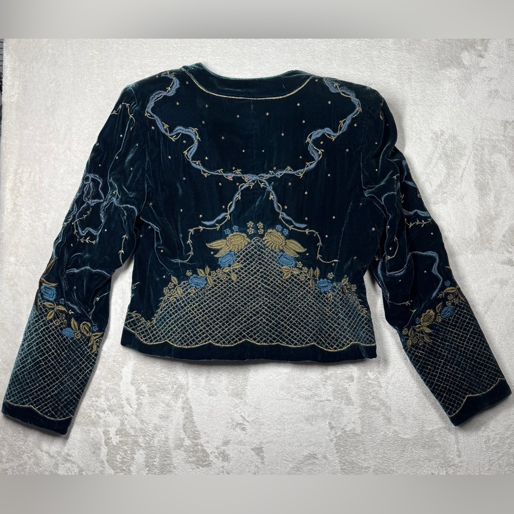 Vintage Worth Silk Blend Dark Teal Velvet Embroidered Celestial Blazer Size 4P - Picture 12 of 17